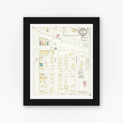 Old map wall art mockup — black gallery frame with white mat — Sanborn Fire Insurance Map from Ida Grove, Ida County, Iowa (1893), Sheet #0001