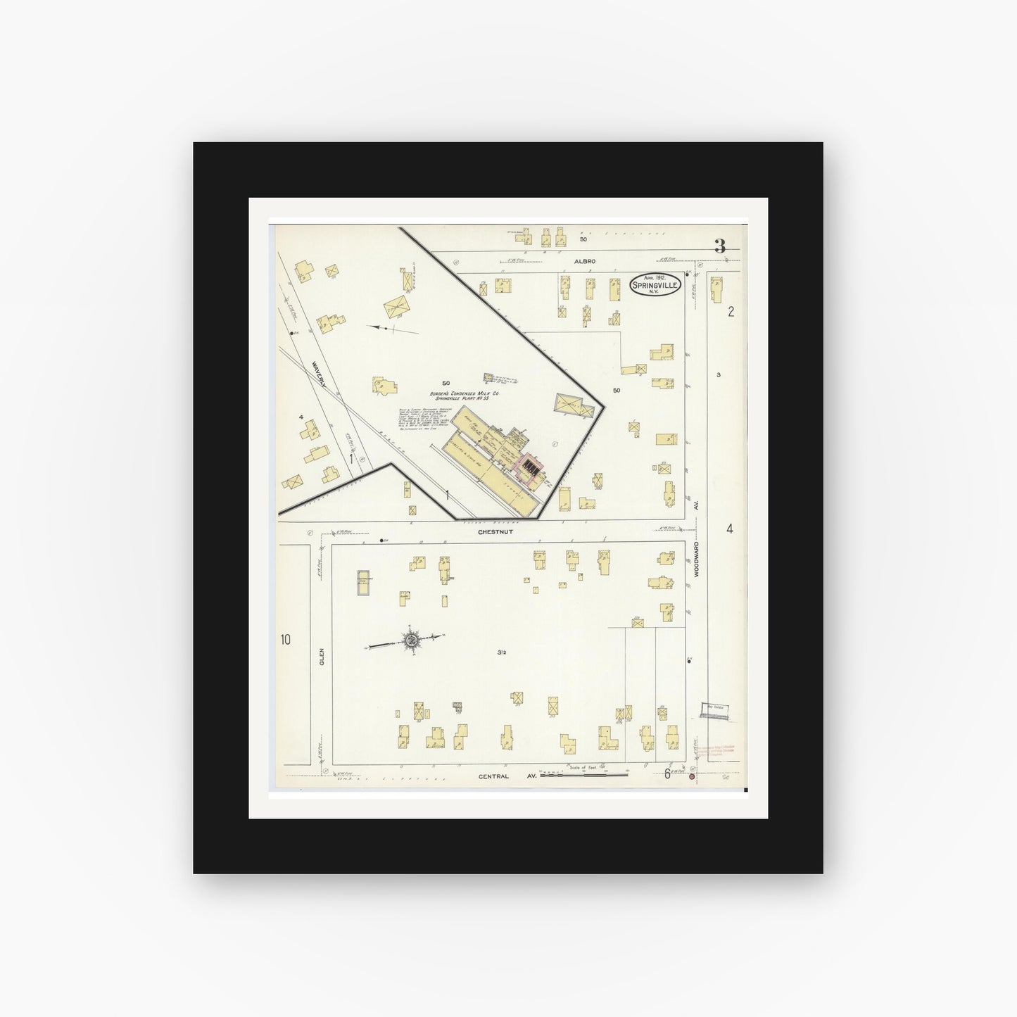 Old map wall art mockup — black gallery frame with white mat — Sanborn Fire Insurance Map from Springville, Erie County, New York (1912), Sheet #0003