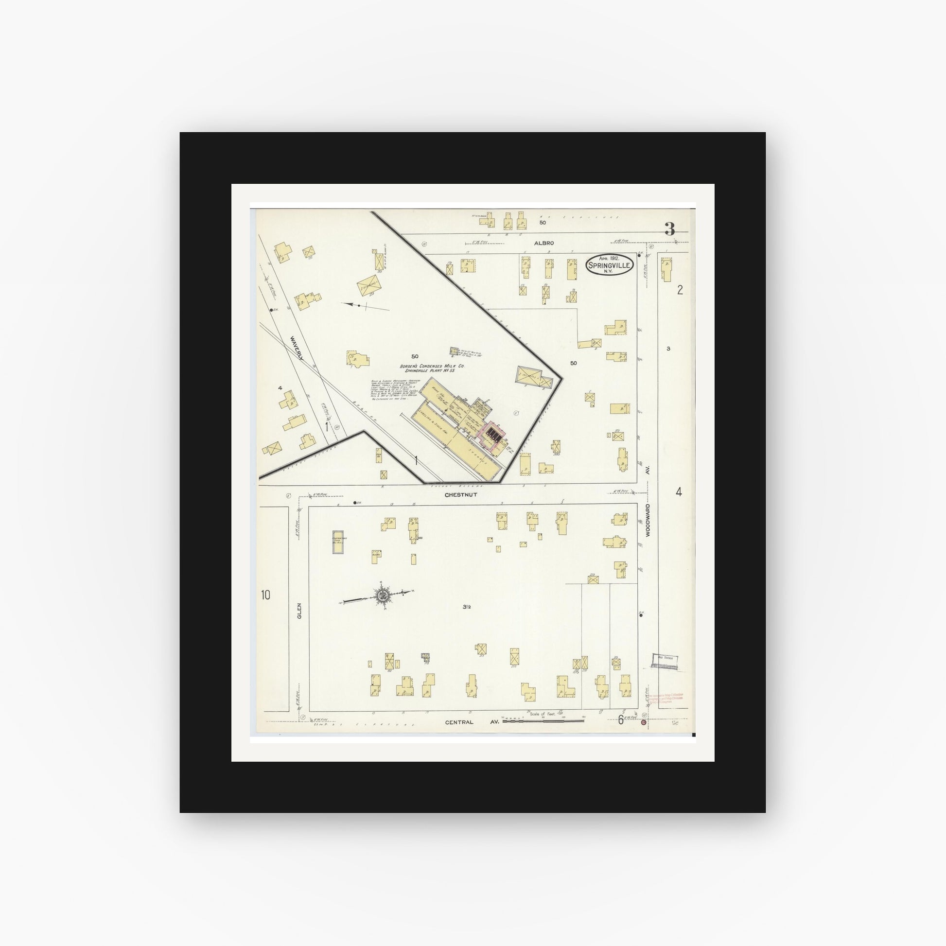 Old map wall art mockup — black gallery frame with white mat — Sanborn Fire Insurance Map from Springville, Erie County, New York (1912), Sheet #0003