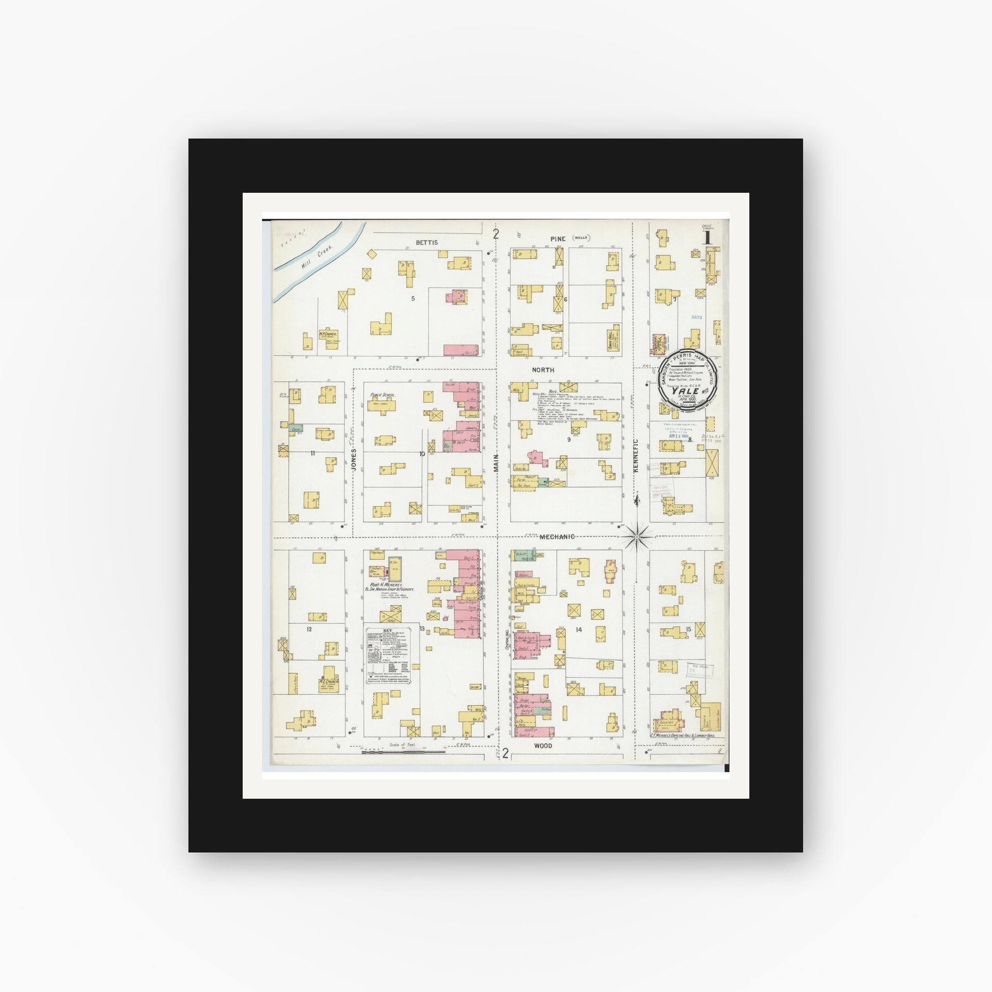 Old map wall art mockup — black gallery frame with white mat — Sanborn Fire Insurance Map from Yale, Saint Clair County, Michigan (1900), Sheet #0001