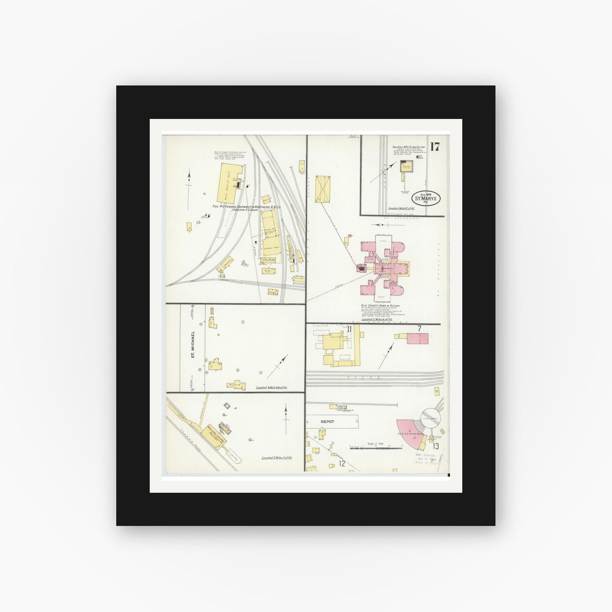 Old map wall art mockup — black gallery frame with white mat — Sanborn Fire Insurance Map from Saint Marys, Elk County, Pennsylvania (1909), Sheet #0017