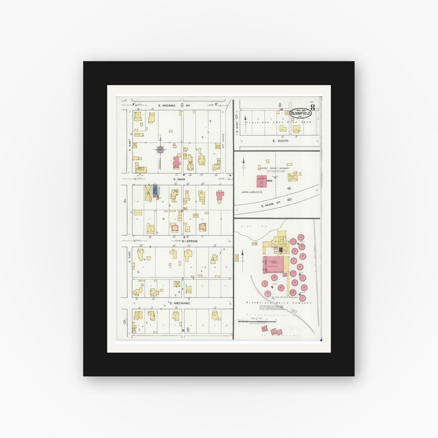 Old map wall art mockup — black gallery frame with white mat — Sanborn Fire Insurance Map from Bloomfield, Greene County, Indiana (1921), Sheet #0008