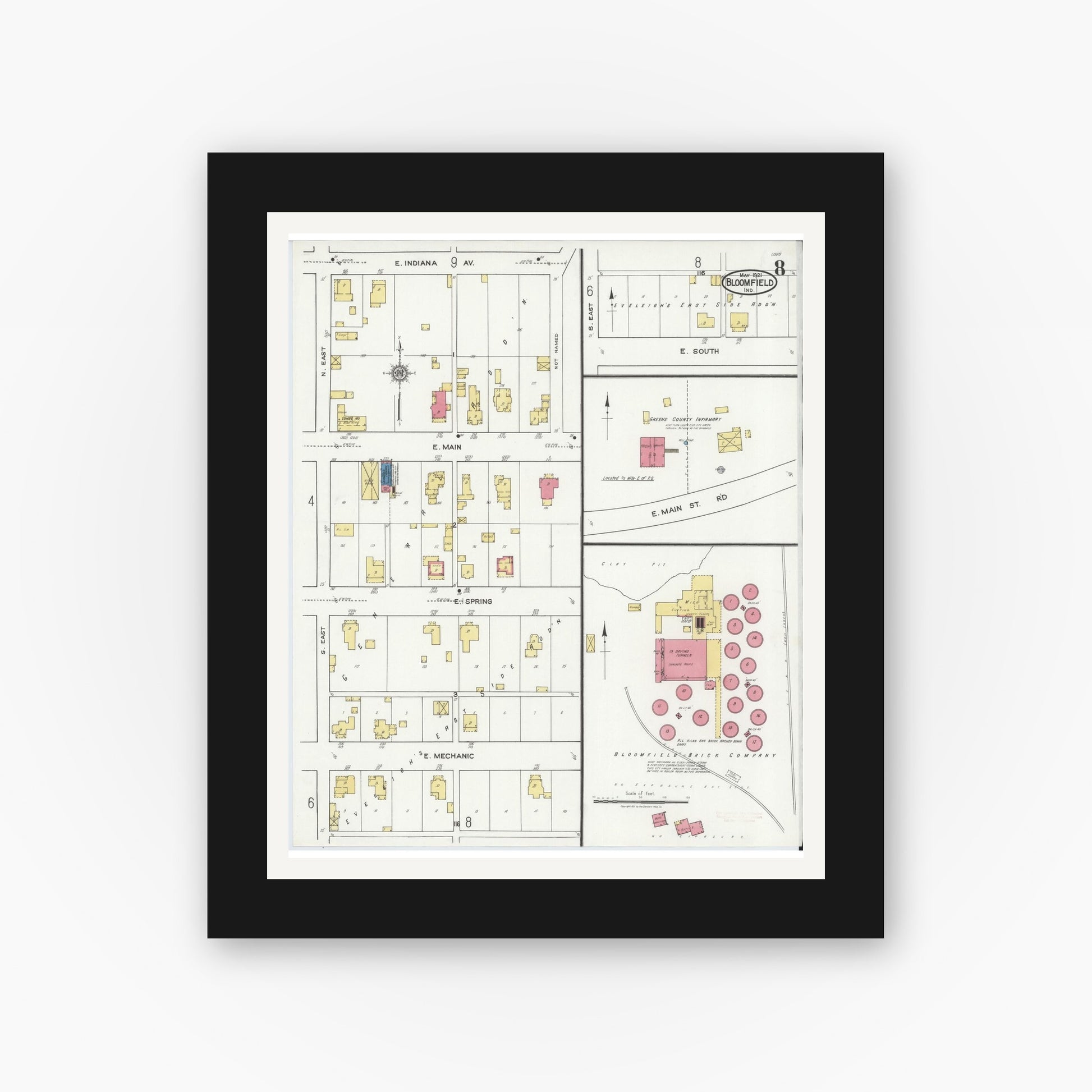 Old map wall art mockup — black gallery frame with white mat — Sanborn Fire Insurance Map from Bloomfield, Greene County, Indiana (1921), Sheet #0008