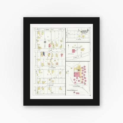 Old map wall art mockup — black gallery frame with white mat — Sanborn Fire Insurance Map from Bloomfield, Greene County, Indiana (1921), Sheet #0008