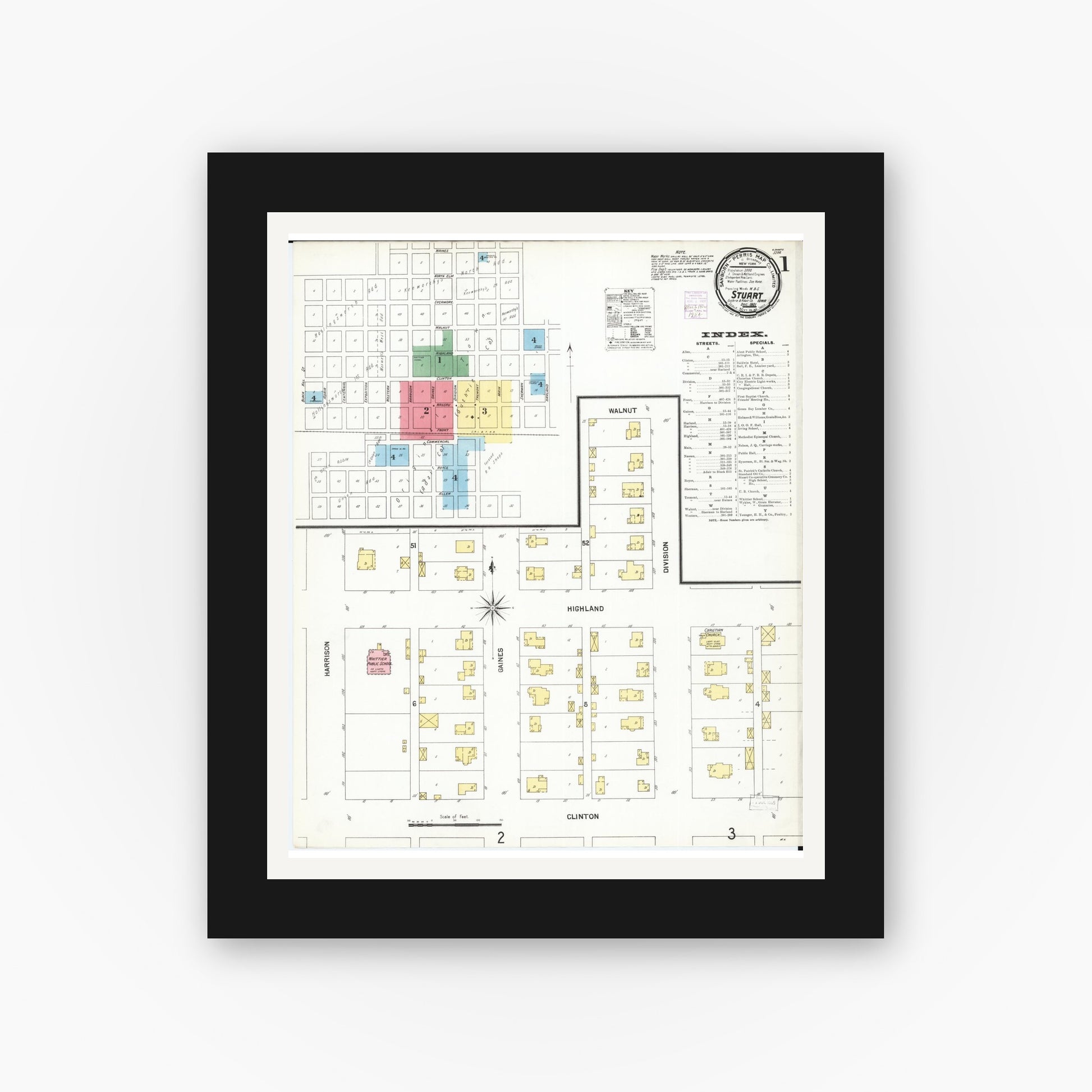 Old map wall art mockup — black gallery frame with white mat — Sanborn Fire Insurance Map from Stuart, Guthrie and Adair Counties, Iowa (1901), Sheet #0001