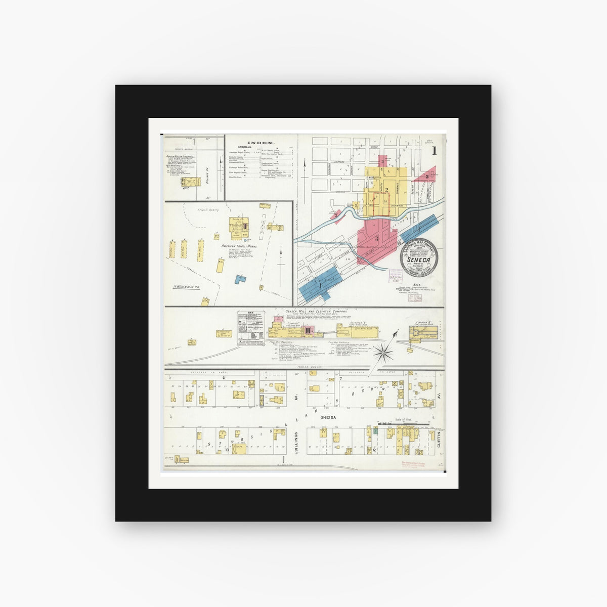 Old map wall art mockup — black gallery frame with white mat — Sanborn Fire Insurance Map from Seneca, Newton County, Missouri (1905) - Complete Map Set