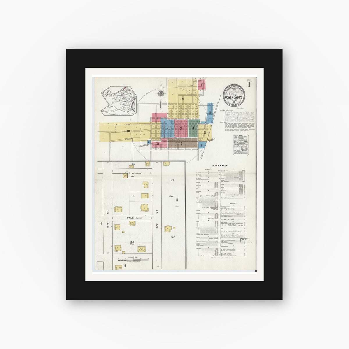 Old map wall art mockup — black gallery frame with white mat — Sanborn Fire Insurance Map from Honey Grove, Fannin County, Texas (1921) - Complete Map Set
