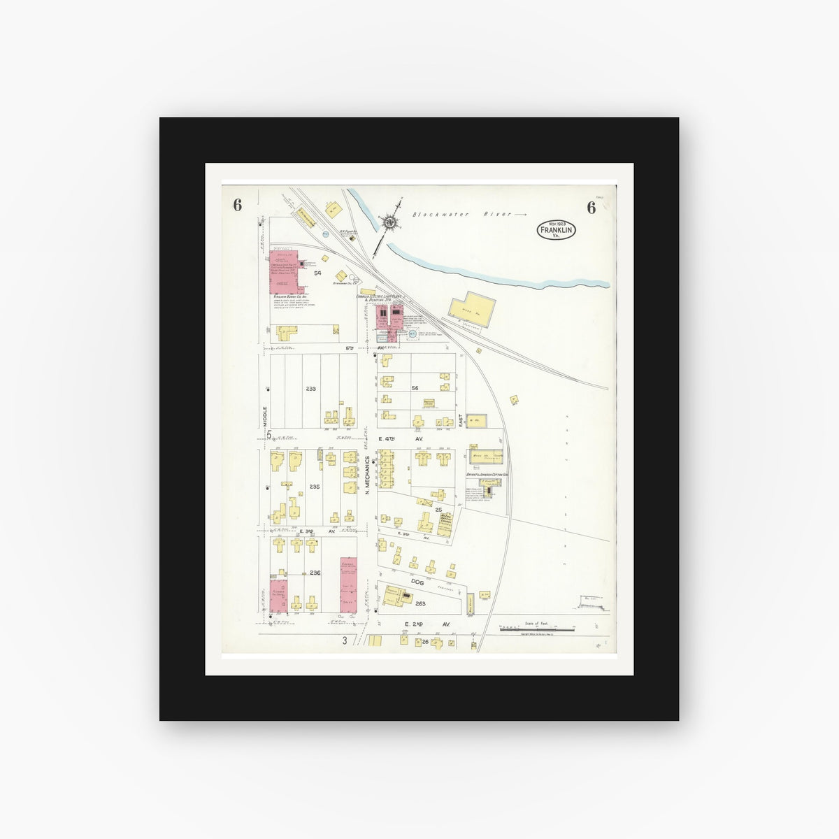 Old map wall art mockup — black gallery frame with white mat — Sanborn Fire Insurance Map from Franklin, Independent Cities, Virginia (1923), Sheet #0006