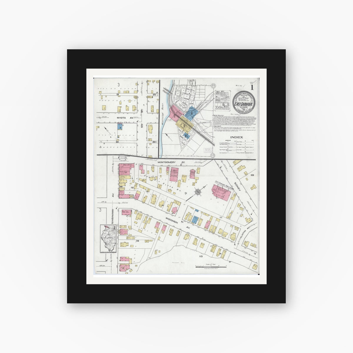 Old map wall art mockup — black gallery frame with white mat — Sanborn Fire Insurance Map from East Dubuque, Jo Daviess County, Illinois (1921) - Complete Map Set