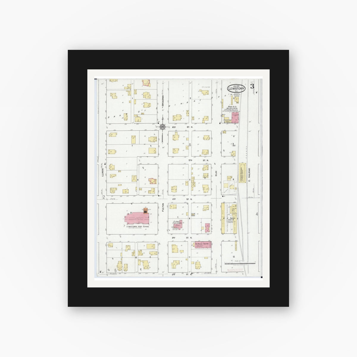 Old map wall art mockup — black gallery frame with white mat — Sanborn Fire Insurance Map from Lewistown, Fulton County, Illinois (1919), Sheet #0003