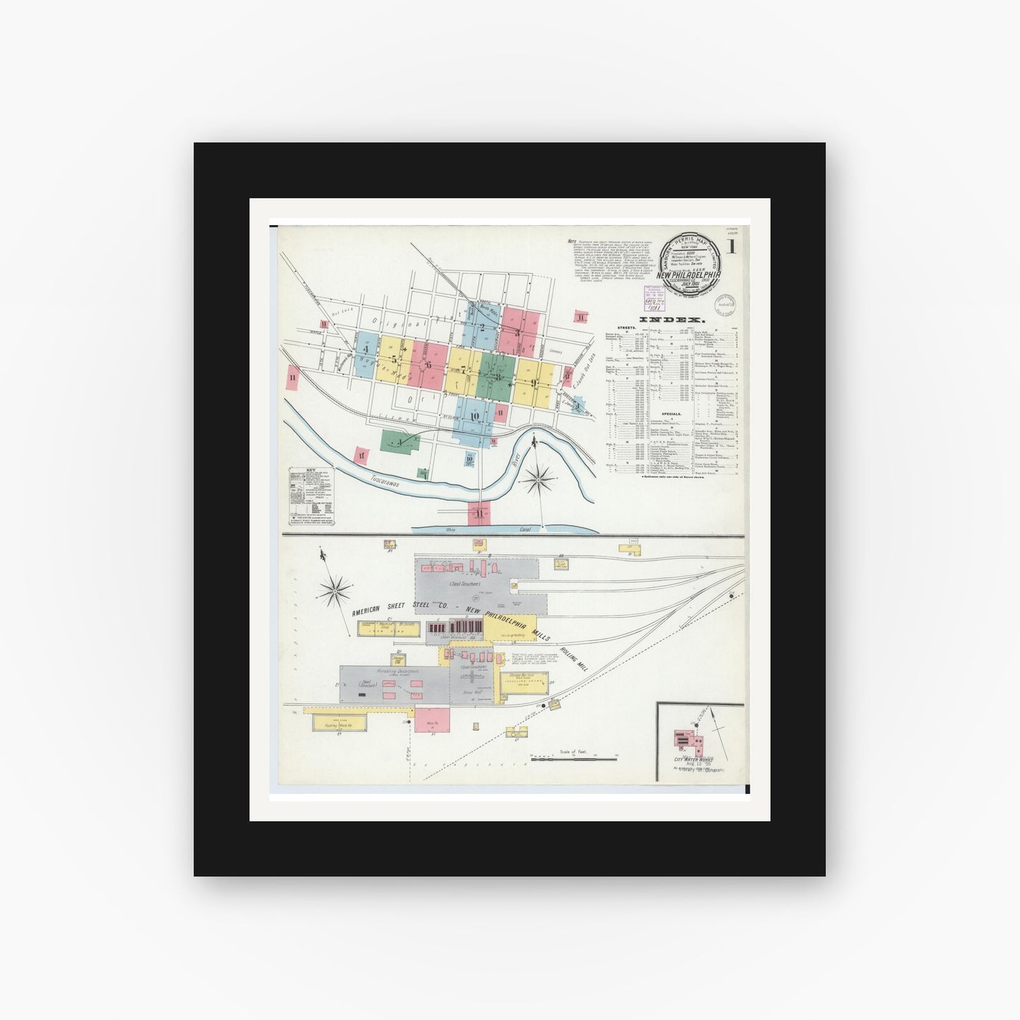 Old map wall art mockup — black gallery frame with white mat — Sanborn Fire Insurance Map from New Philadelphia, Tuscarawas County, Ohio (1901) - Complete Map Set