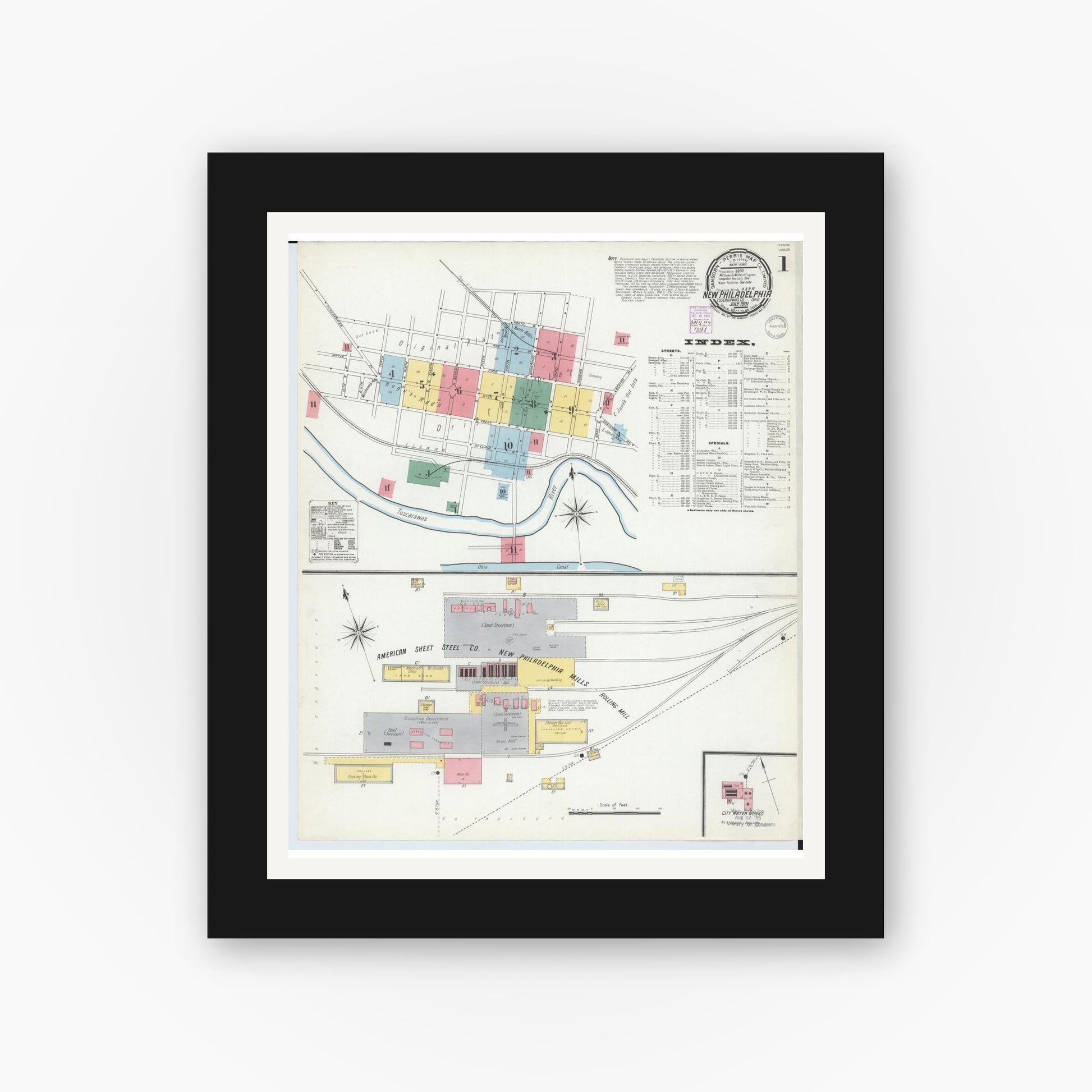 Old map wall art mockup — black gallery frame with white mat — Sanborn Fire Insurance Map from New Philadelphia, Tuscarawas County, Ohio (1901) - Complete Map Set