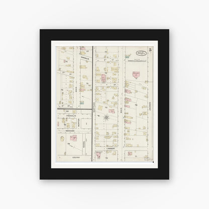 Old map wall art mockup — black gallery frame with white mat — Sanborn Fire Insurance Map from Brazil, Clay County, Indiana (1887), Sheet #0005
