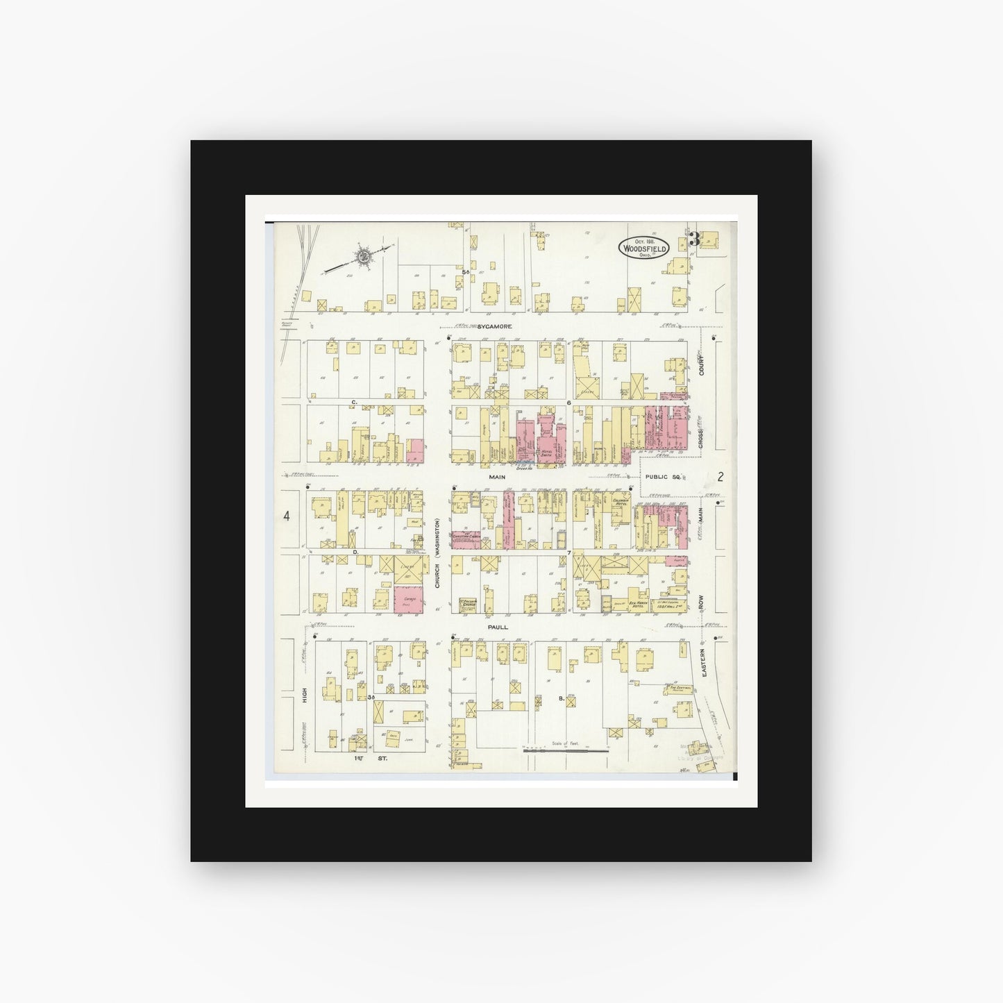 Old map wall art mockup — black gallery frame with white mat — Sanborn Fire Insurance Map from Woodsfield, Monroe County, Ohio (1911), Sheet #0003