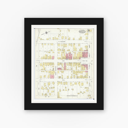 Old map wall art mockup — black gallery frame with white mat — Sanborn Fire Insurance Map from Woodsfield, Monroe County, Ohio (1911), Sheet #0003
