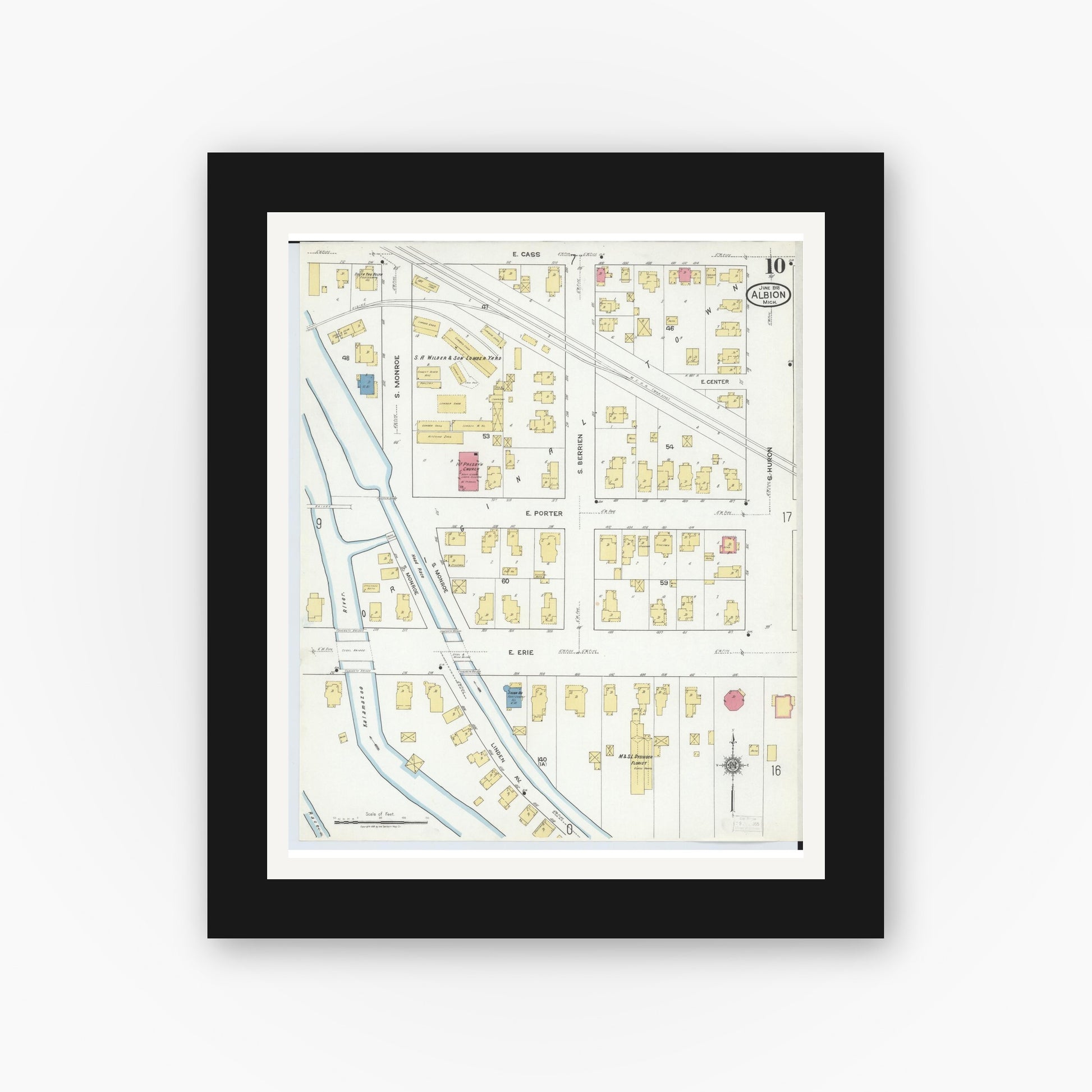 Old map wall art mockup — black gallery frame with white mat — Sanborn Fire Insurance Map from Albion, Calhoun County, Michigan (1918), Sheet #0010