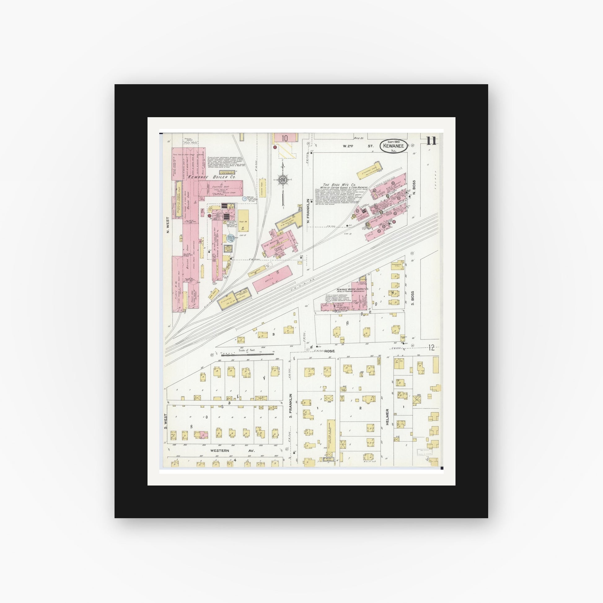 Old map wall art mockup — black gallery frame with white mat — Sanborn Fire Insurance Map from Kewanee, Henry County, Illinois (1910), Sheet #0011
