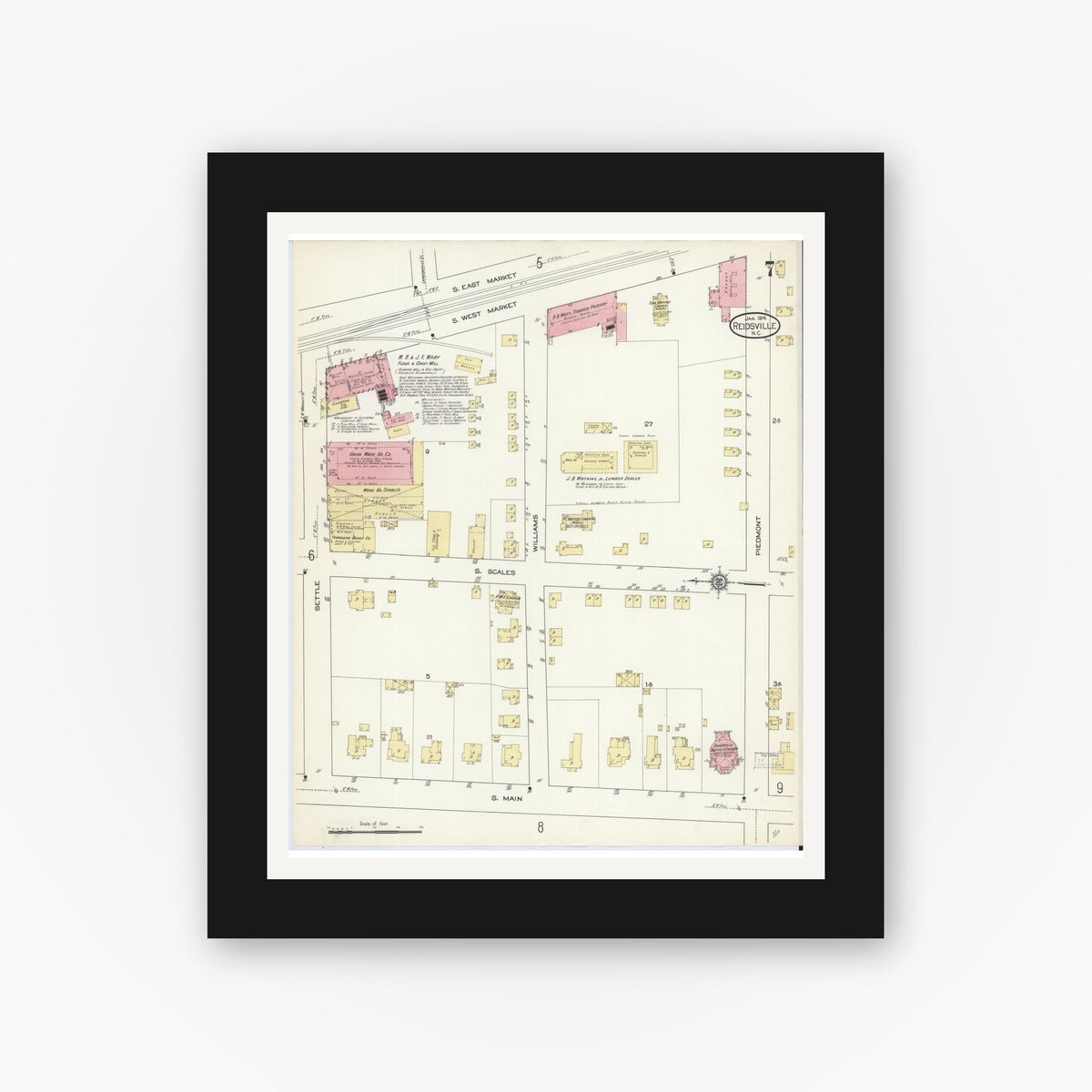 Old map wall art mockup — black gallery frame with white mat — Sanborn Fire Insurance Map from Reidsville, Rockingham County, North Carolina (1914), Sheet #0007