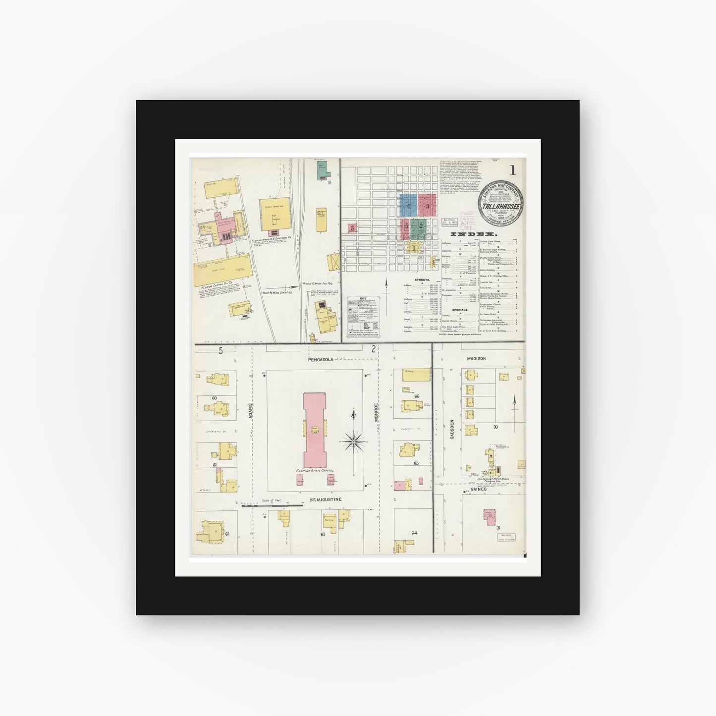 Old map wall art mockup — black gallery frame with white mat — Sanborn Fire Insurance Map from Tallahassee, Leon County, Florida (1903) - Complete Map Set