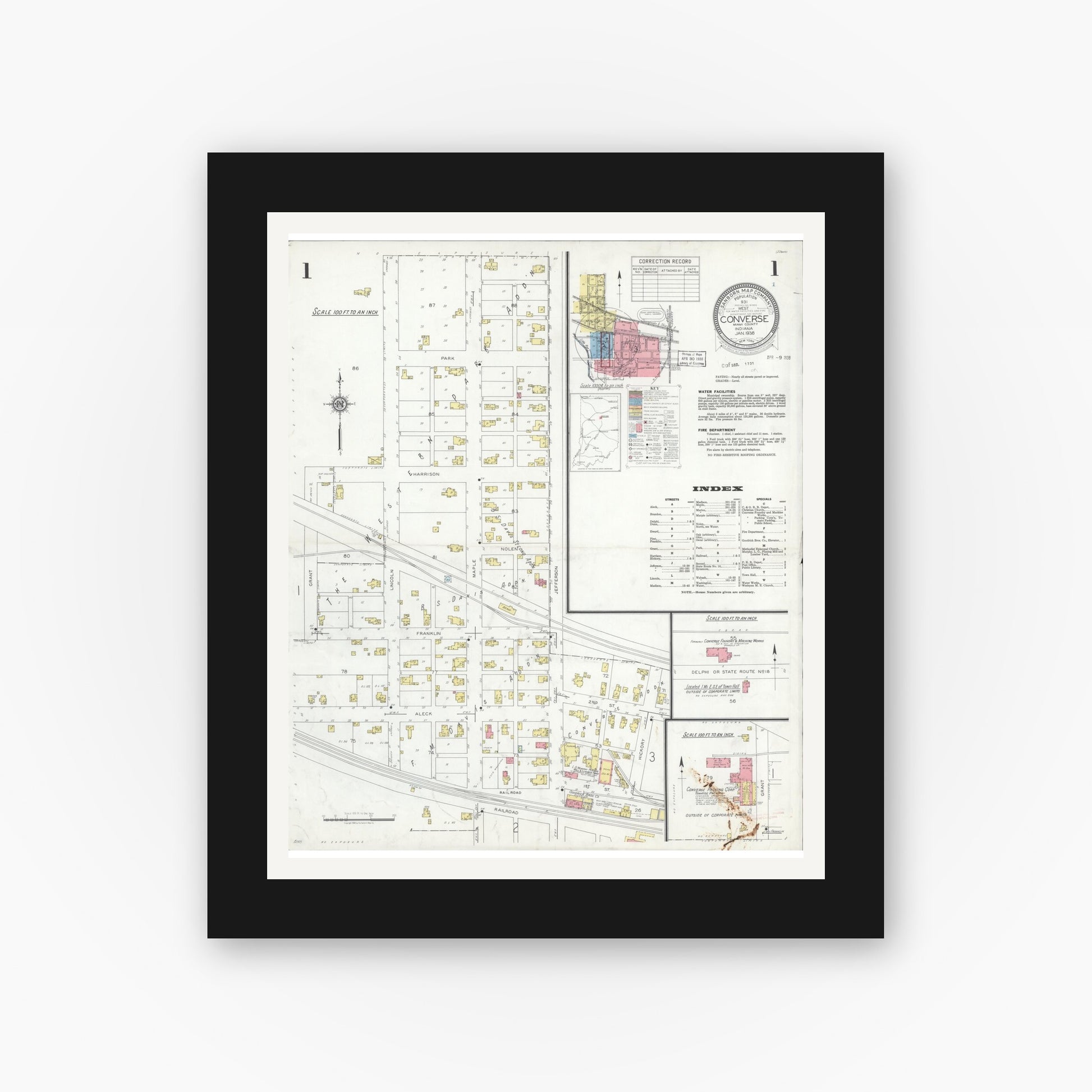 Old map wall art mockup — black gallery frame with white mat — Sanborn Fire Insurance Map from Converse, Miami County, Indiana (1938) - Complete Map Set
