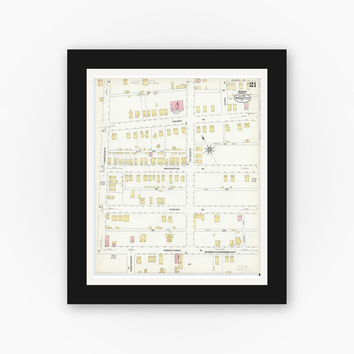 Old map wall art mockup — black gallery frame with white mat — Sanborn Fire Insurance Map from Rochester, Beaver County, Pennsylvania (1908), Sheet #0020