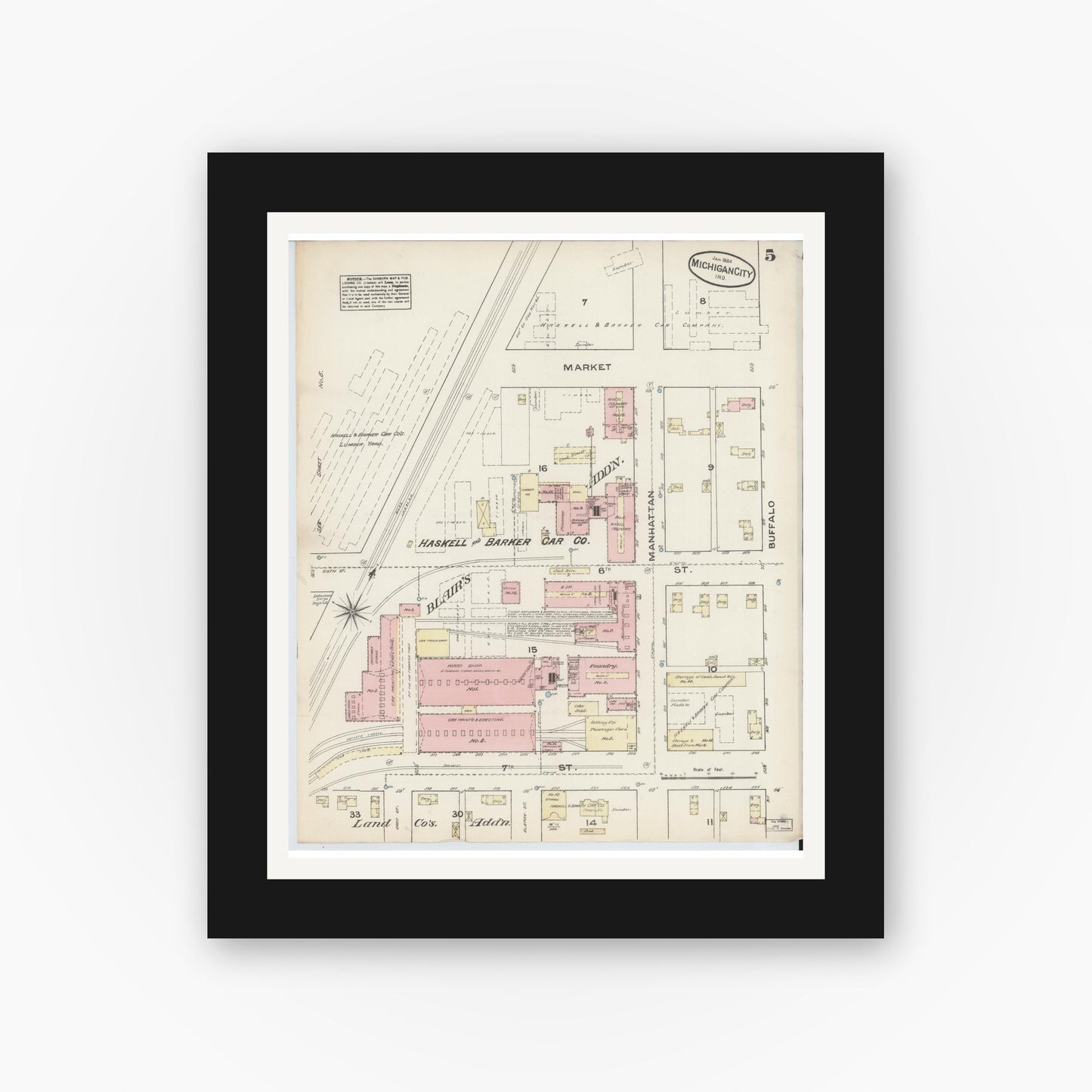 Old map wall art mockup — black gallery frame with white mat — Sanborn Fire Insurance Map from Michigan City, La Porte  County, Indiana (1884), Sheet #0005