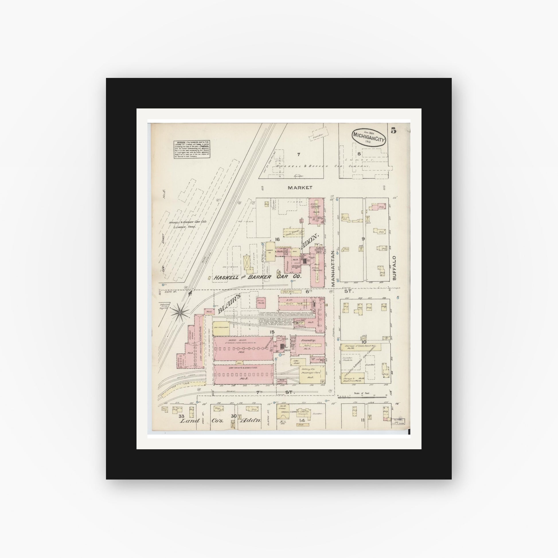 Old map wall art mockup — black gallery frame with white mat — Sanborn Fire Insurance Map from Michigan City, La Porte  County, Indiana (1884), Sheet #0005