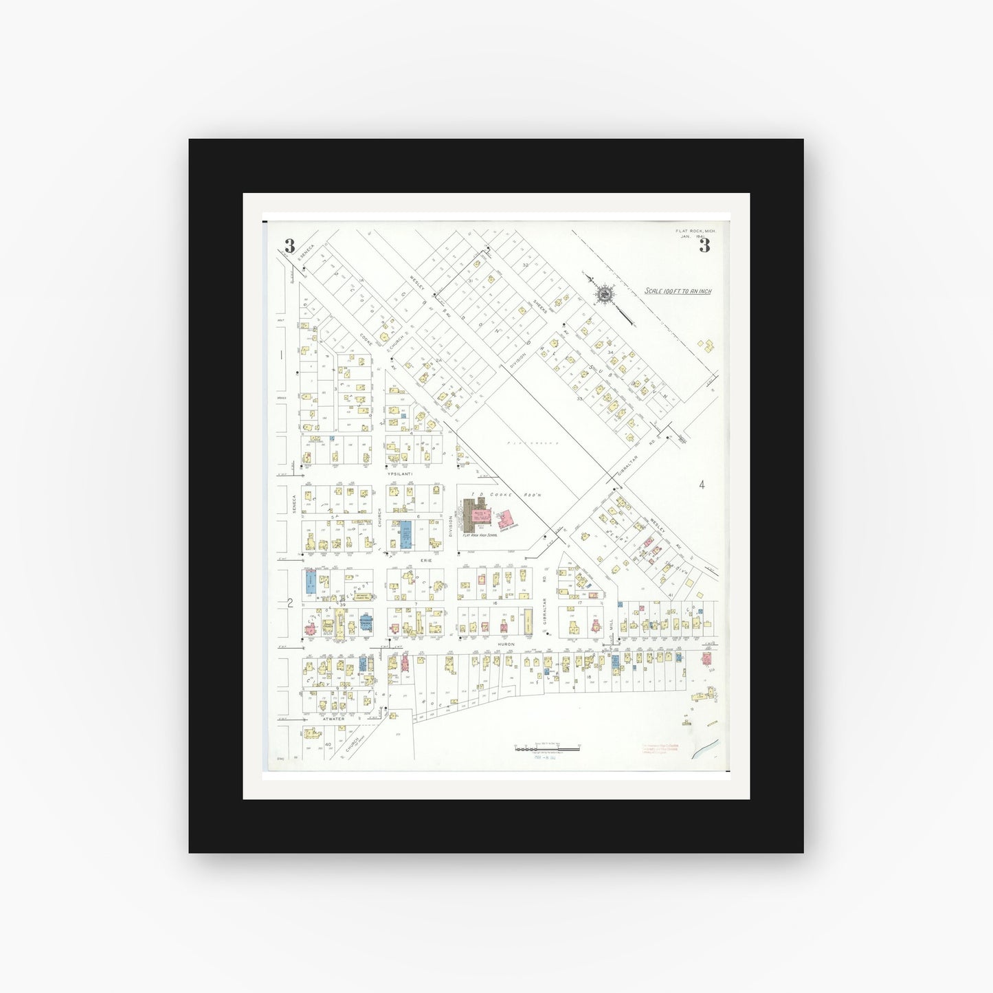 Old map wall art mockup — black gallery frame with white mat — Sanborn Fire Insurance Map from Flat Rock, Wayne County, Michigan (1941), Sheet #0003