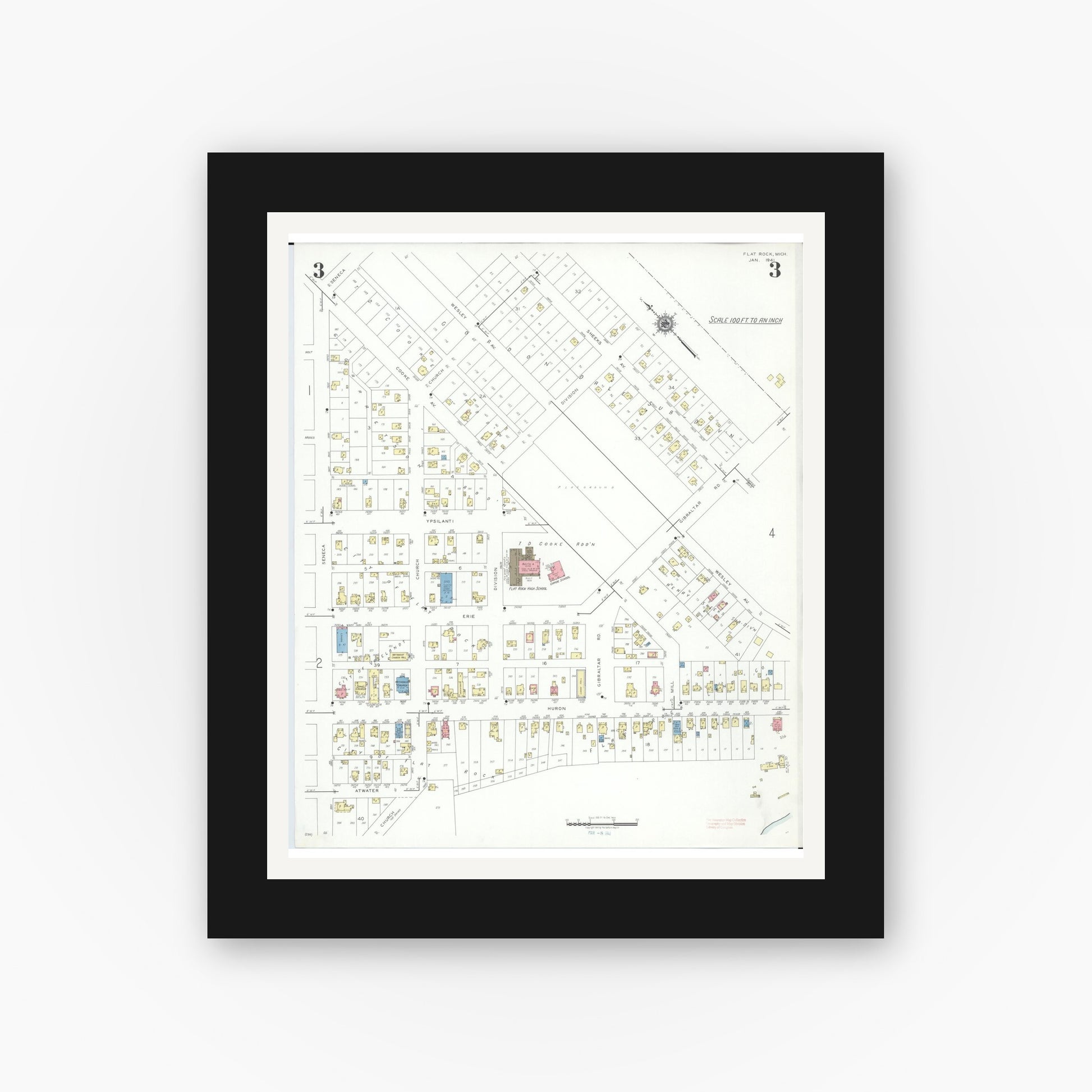 Old map wall art mockup — black gallery frame with white mat — Sanborn Fire Insurance Map from Flat Rock, Wayne County, Michigan (1941), Sheet #0003