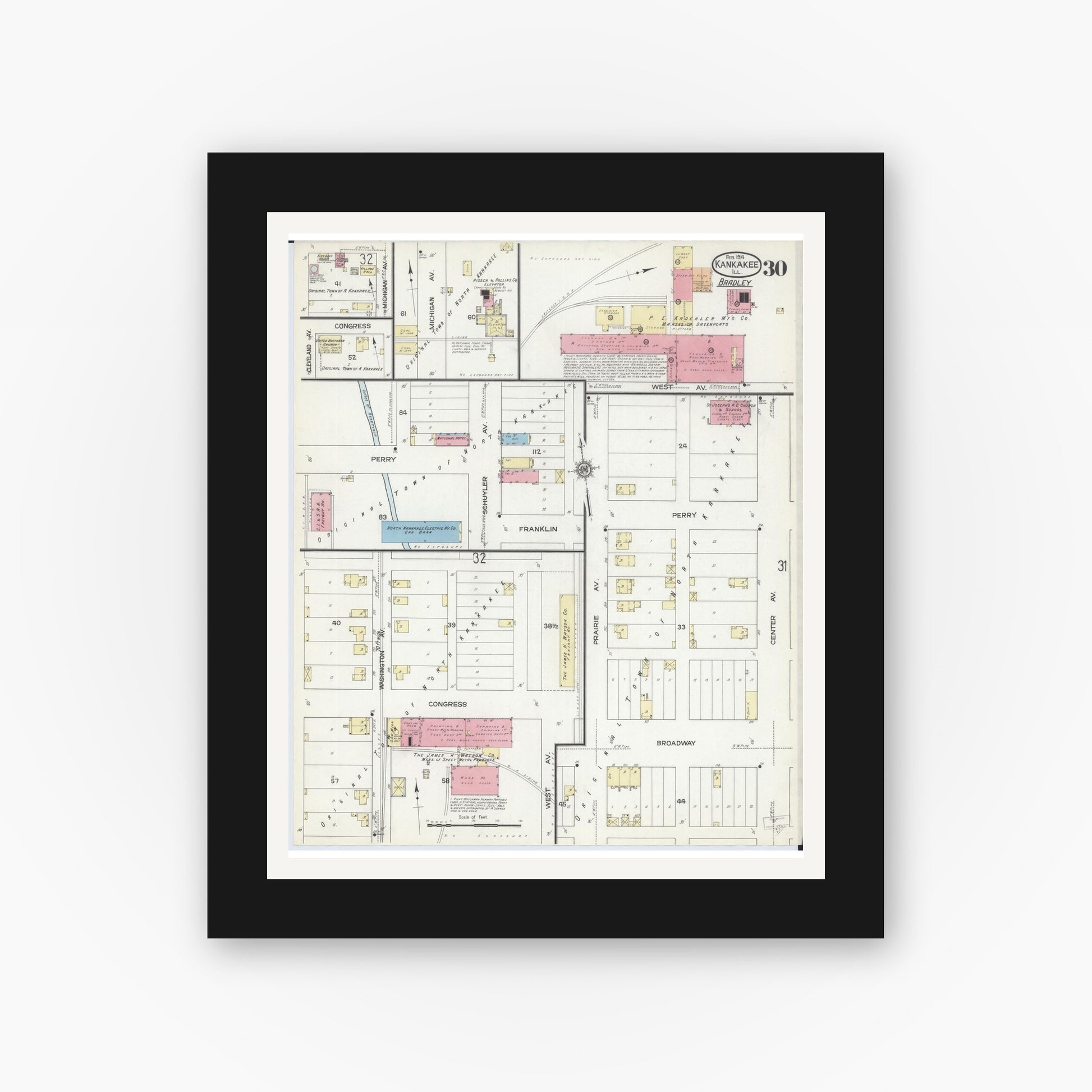 Old map wall art mockup — black gallery frame with white mat — Sanborn Fire Insurance Map from Kankakee, Kankakee County, Illinois (1914), Sheet #0030