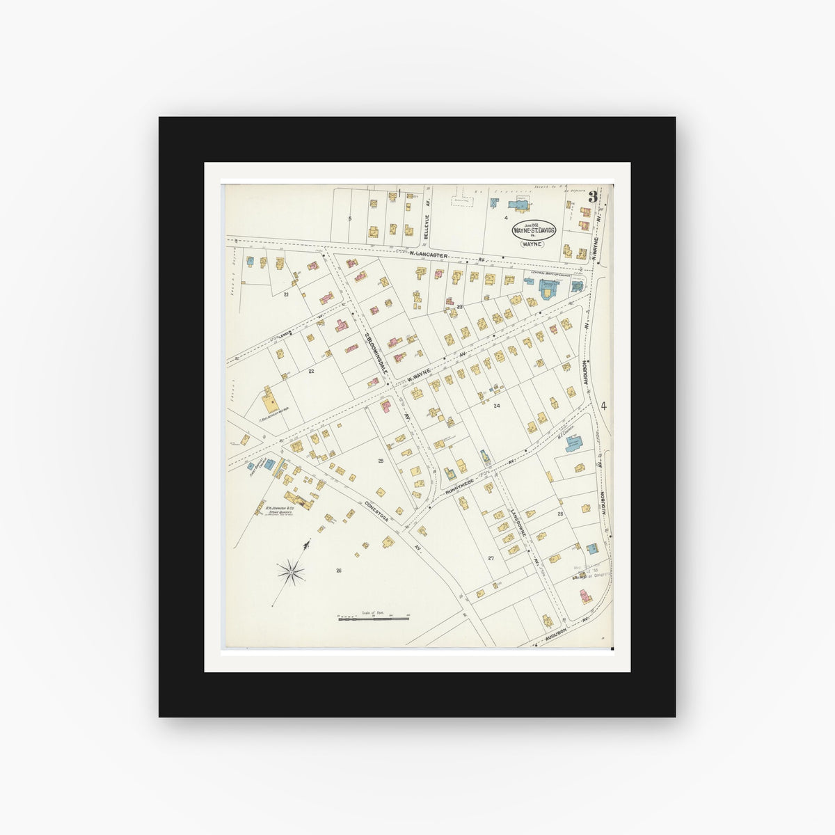 Old map wall art mockup — black gallery frame with white mat — Sanborn Fire Insurance Map from Wayne, Delaware County, Pennsylvania (1902), Sheet #0003