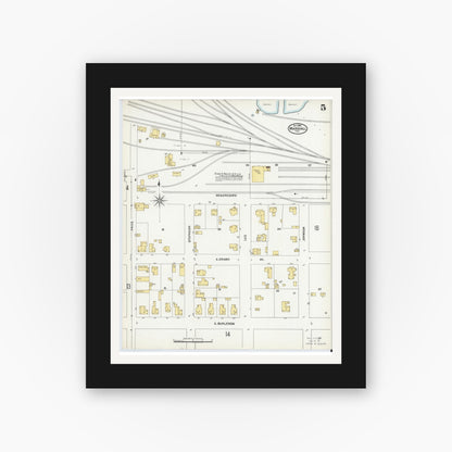 Old map wall art mockup — black gallery frame with white mat — Sanborn Fire Insurance Map from Marshall, Harrison County, Texas (1904), Sheet #0005