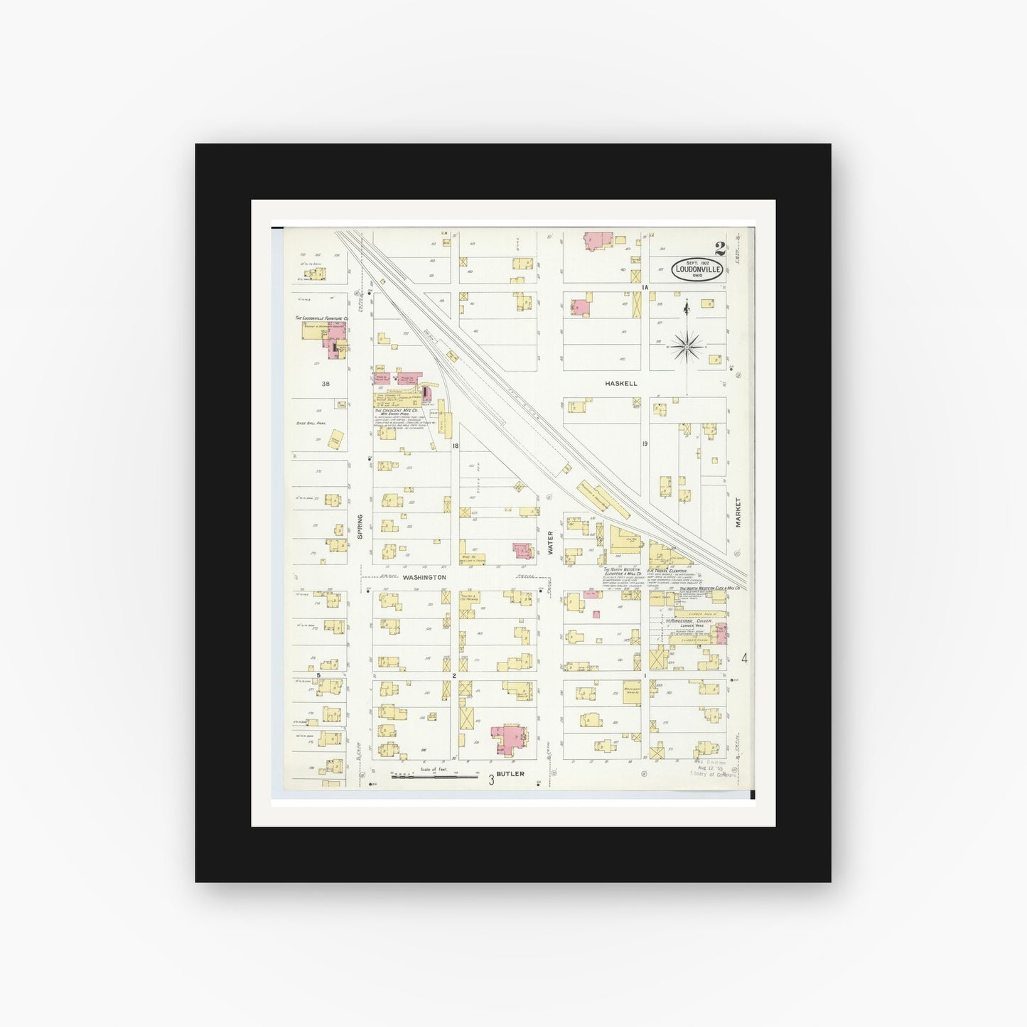 Old map wall art mockup — black gallery frame with white mat — Sanborn Fire Insurance Map from Loudonville, Ashland County, Ohio (1907), Sheet #0002