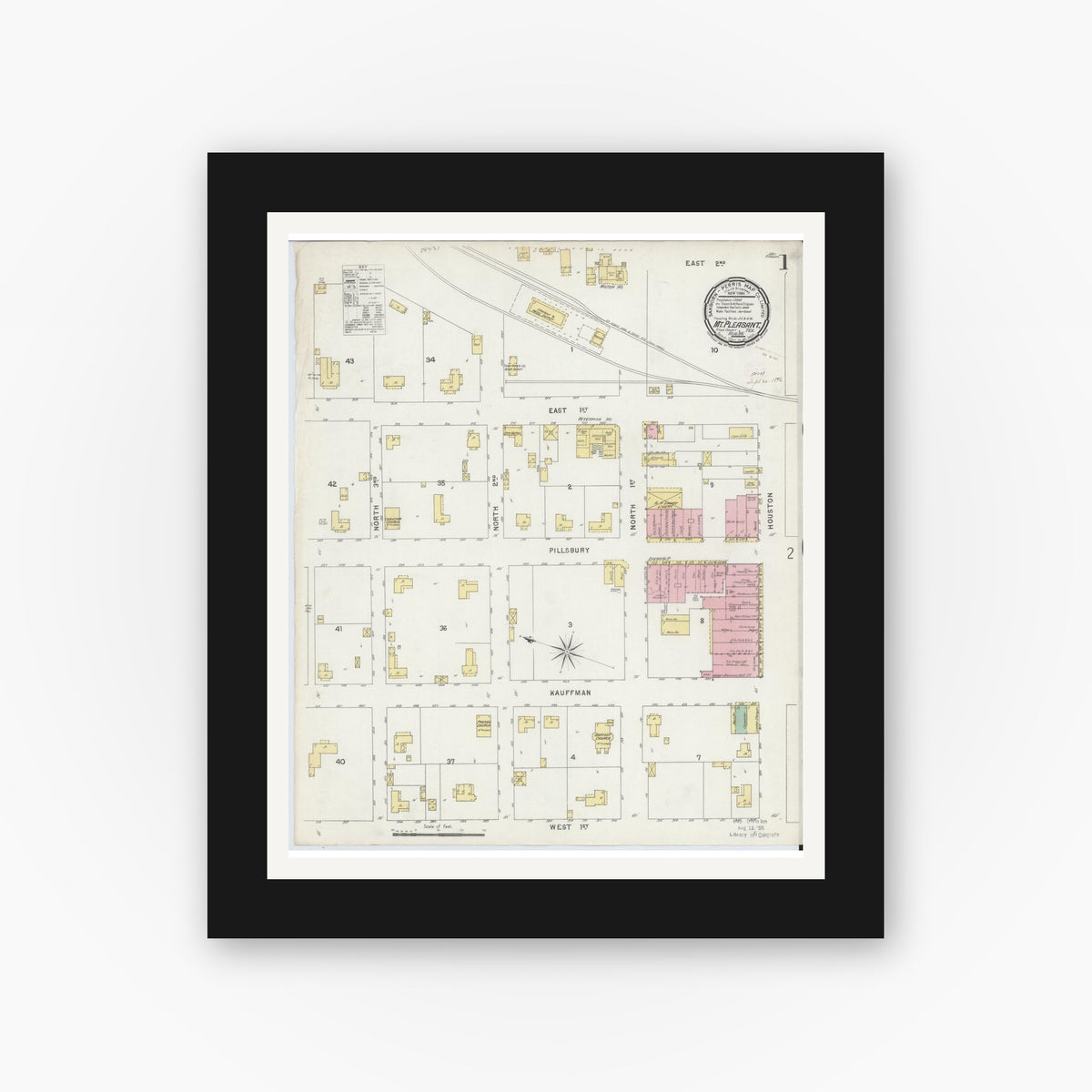 Old map wall art mockup — black gallery frame with white mat — Sanborn Fire Insurance Map from Mount Pleasant, Titus County, Texas (1896), Sheet #0001