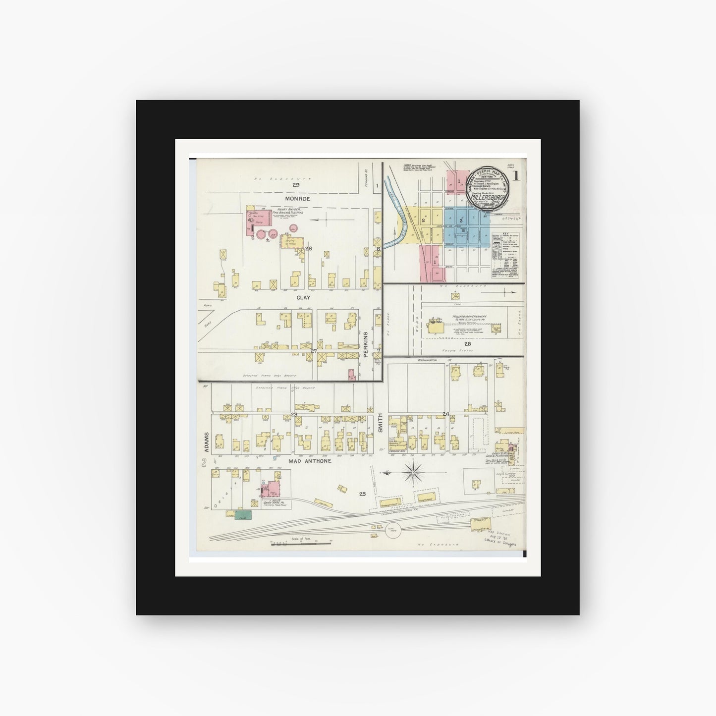 Old map wall art mockup — black gallery frame with white mat — Sanborn Fire Insurance Map from Millersburg, Holmes County, Ohio (1892) - Complete Map Set