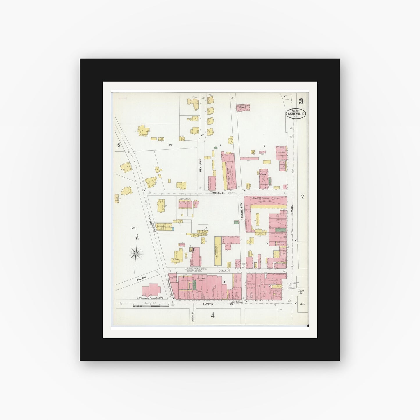 Old map wall art mockup — black gallery frame with white mat — Sanborn Fire Insurance Map from Asheville, Buncombe County, North Carolina (1901), Sheet #0003