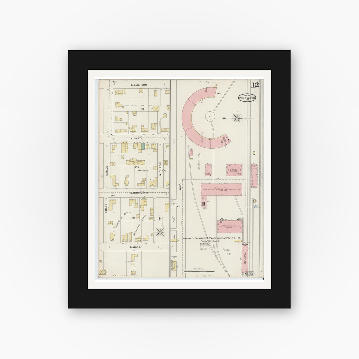 Old map wall art mockup — black gallery frame with white mat — Sanborn Fire Insurance Map from Princeton, Gibson County, Indiana (1895), Sheet #0012