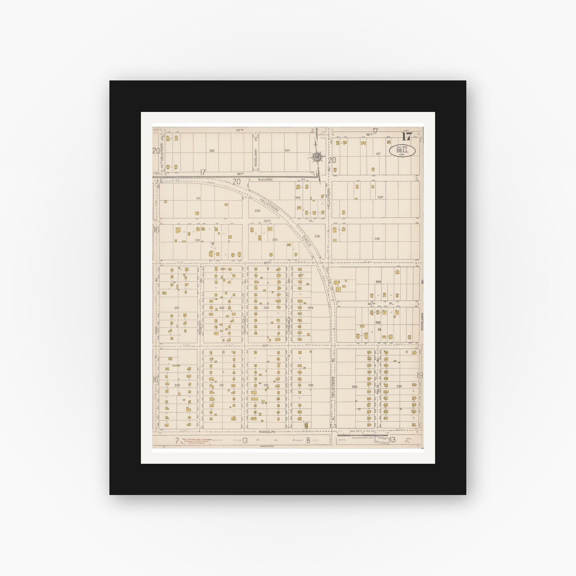 Old map wall art mockup — black gallery frame with white mat — Sanborn Fire Insurance Map from Bell, Los Angeles County, California (1922), Sheet #0017