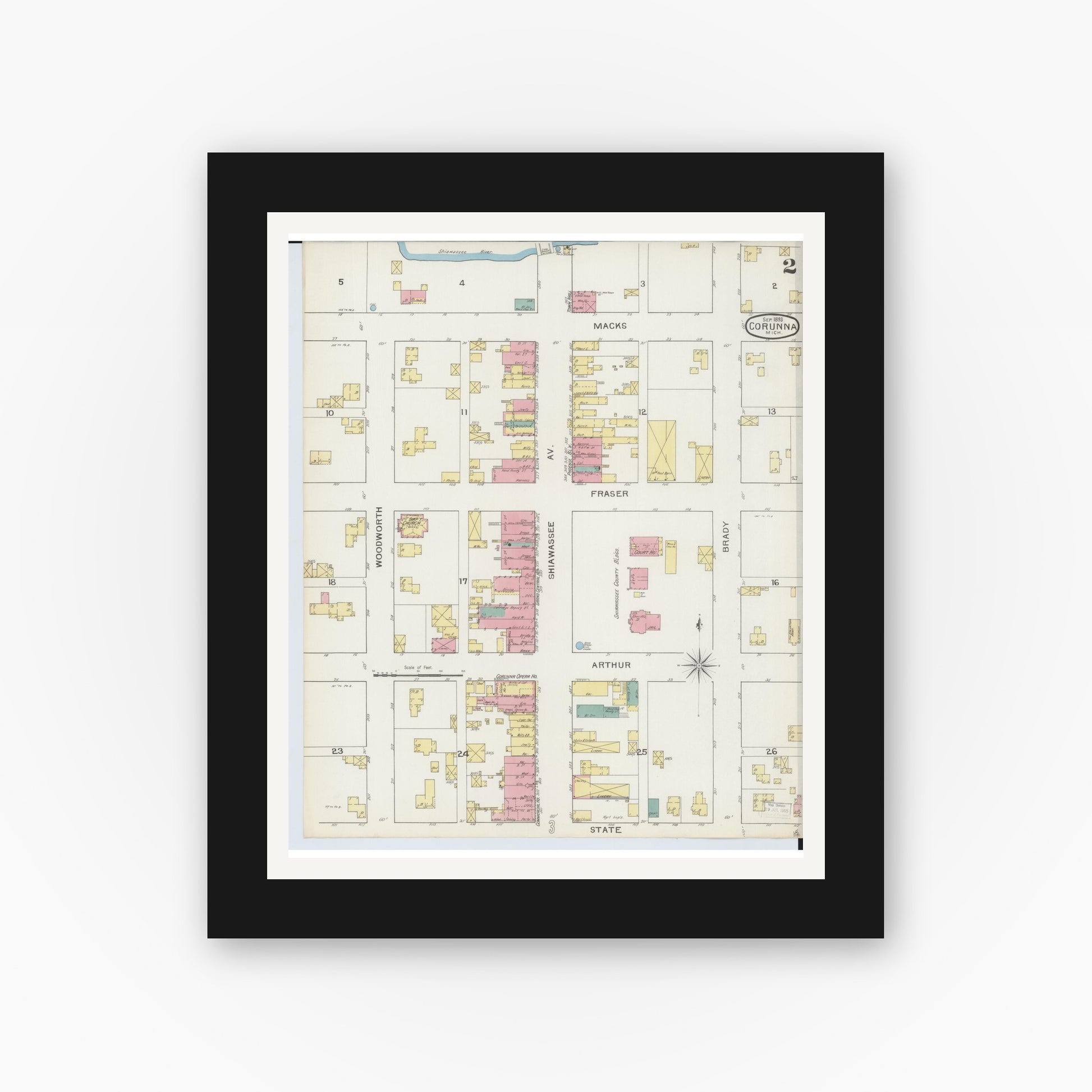 Old map wall art mockup — black gallery frame with white mat — Sanborn Fire Insurance Map from Corunna, Shiawassee County, Michigan (1893), Sheet #0002