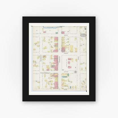 Old map wall art mockup — black gallery frame with white mat — Sanborn Fire Insurance Map from Corunna, Shiawassee County, Michigan (1893), Sheet #0002