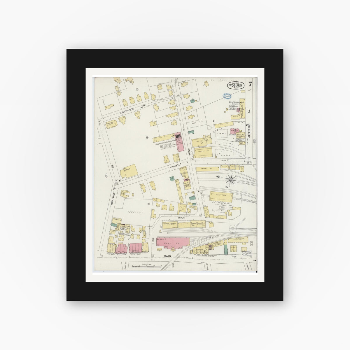 Old map wall art mockup — black gallery frame with white mat — Sanborn Fire Insurance Map from Woburn, Middlesex County, Massachusetts (1894), Sheet #0007