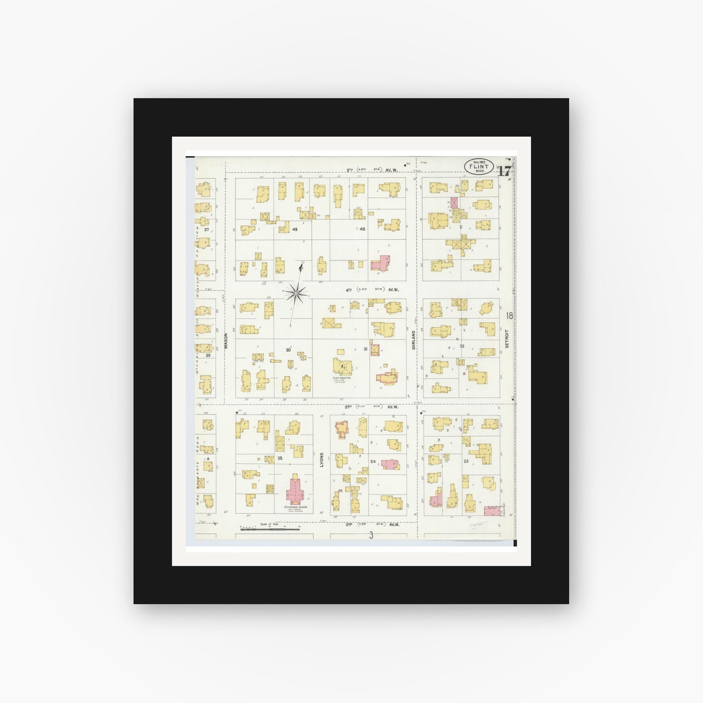 Old map wall art mockup — black gallery frame with white mat — Sanborn Fire Insurance Map from Flint, Genesee County, Michigan (1902), Sheet #0017