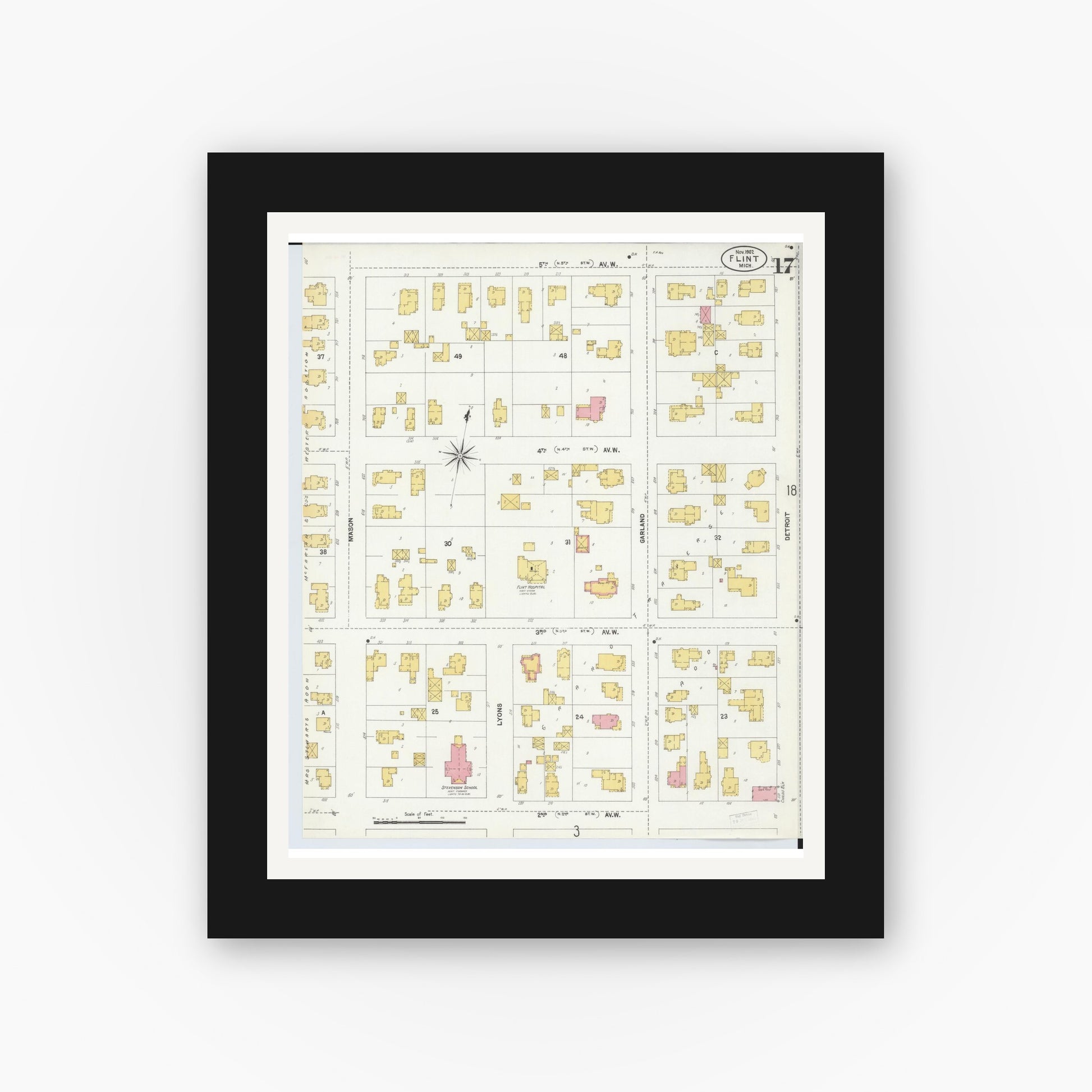 Old map wall art mockup — black gallery frame with white mat — Sanborn Fire Insurance Map from Flint, Genesee County, Michigan (1902), Sheet #0017