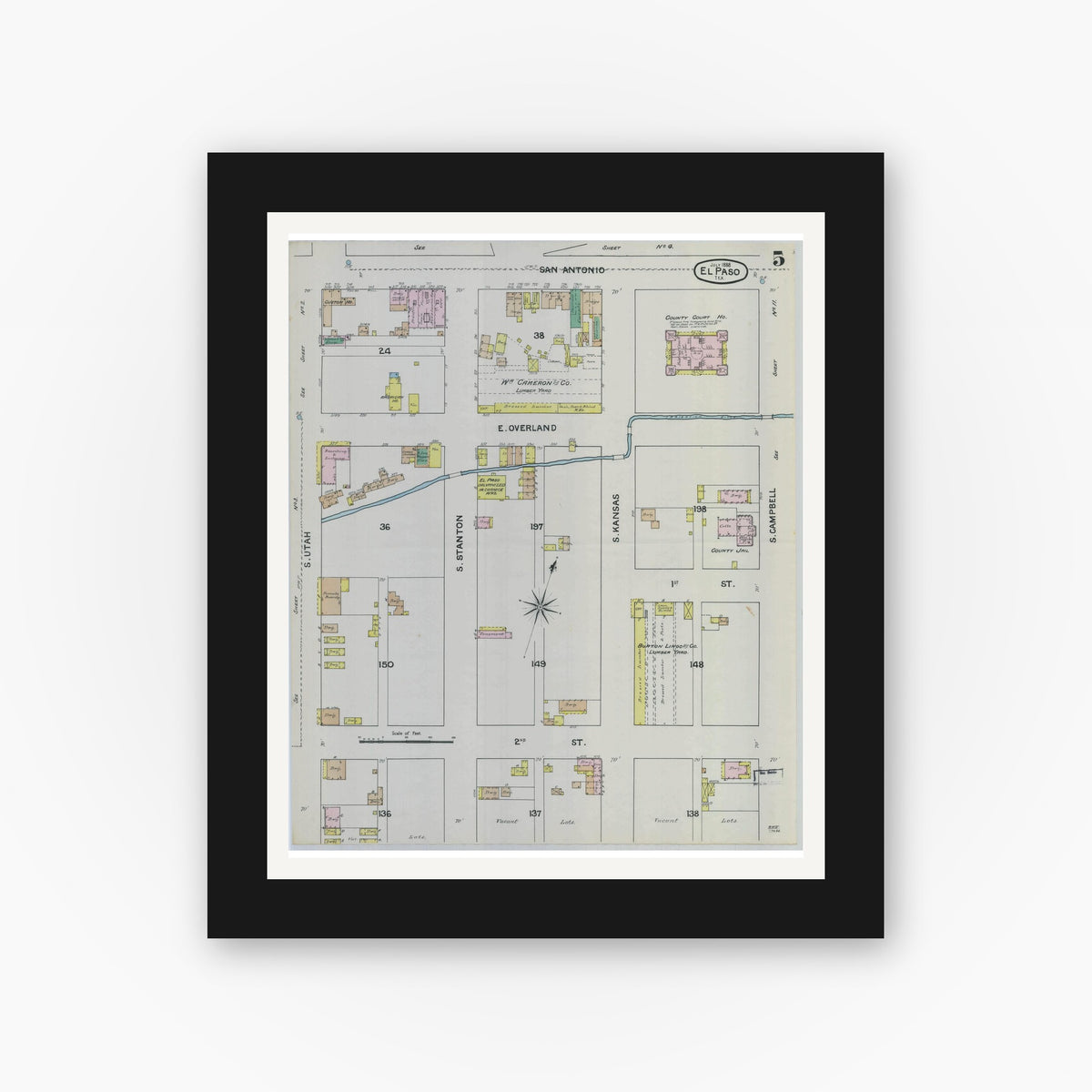 Old map wall art mockup — black gallery frame with white mat — Sanborn Fire Insurance Map from El Paso, El Paso County, Texas (1888), Sheet #0005