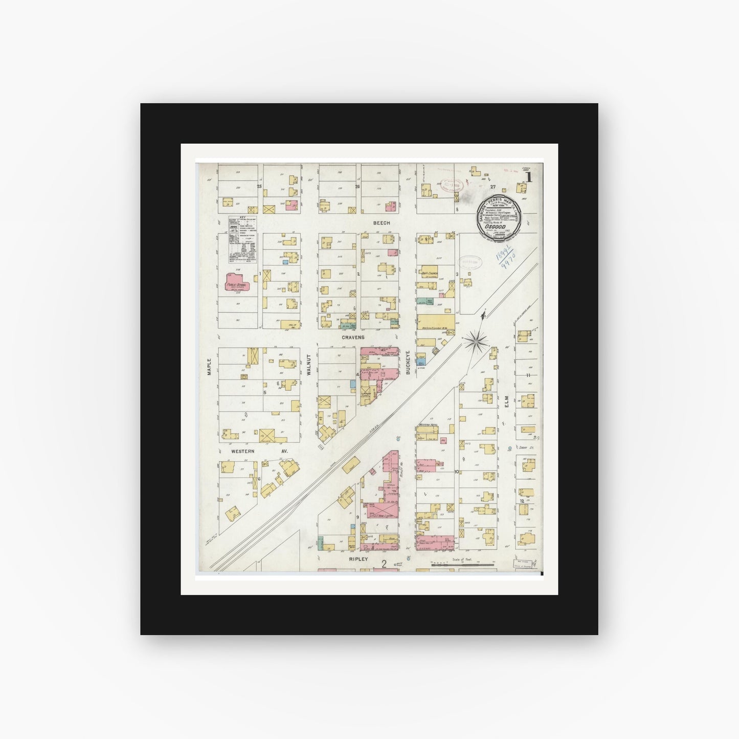Old map wall art mockup — black gallery frame with white mat — Sanborn Fire Insurance Map from Osgood, Ripley County, Indiana (1899) - Complete Map Set