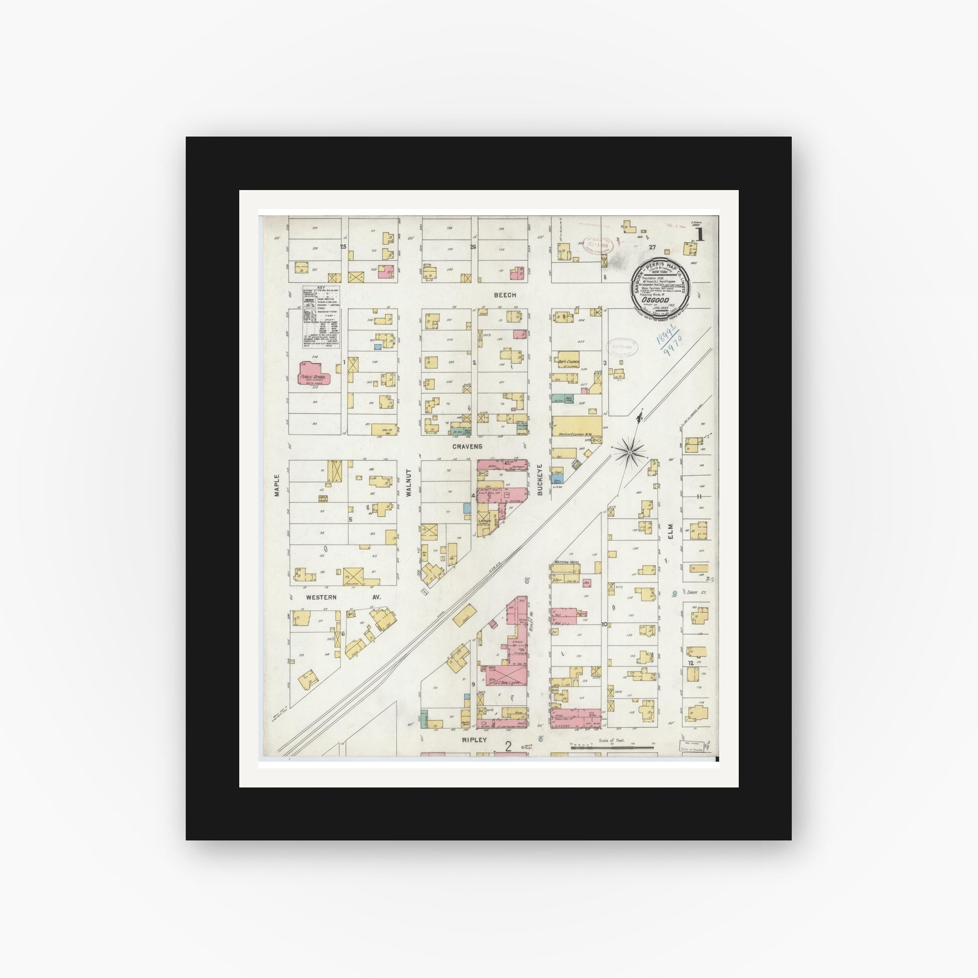 Old map wall art mockup — black gallery frame with white mat — Sanborn Fire Insurance Map from Osgood, Ripley County, Indiana (1899) - Complete Map Set