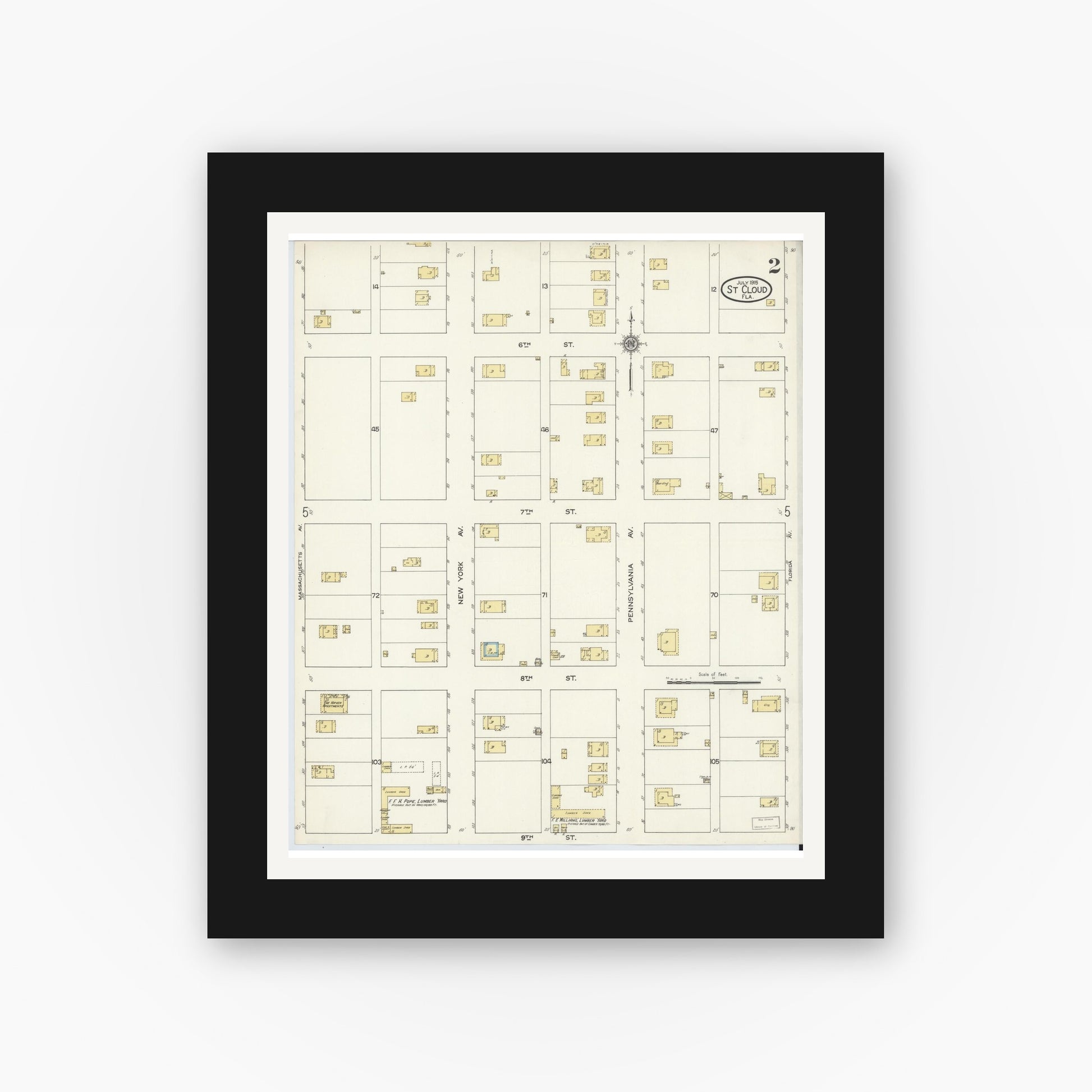 Old map wall art mockup — black gallery frame with white mat — Sanborn Fire Insurance Map from Saint Cloud, Osceola County, Florida (1915), Sheet #0002