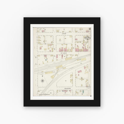 Old map wall art mockup — black gallery frame with white mat — Sanborn Fire Insurance Map from Pacific, Franklin County, Missouri (1886), Sheet #0002