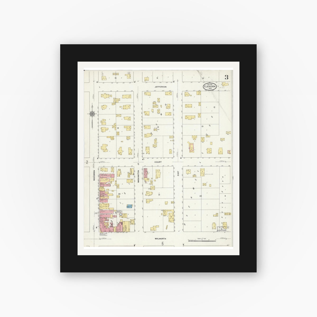 Old map wall art mockup — black gallery frame with white mat — Sanborn Fire Insurance Map from Elkhorn, Walworth County, Wisconsin (1911), Sheet #0003