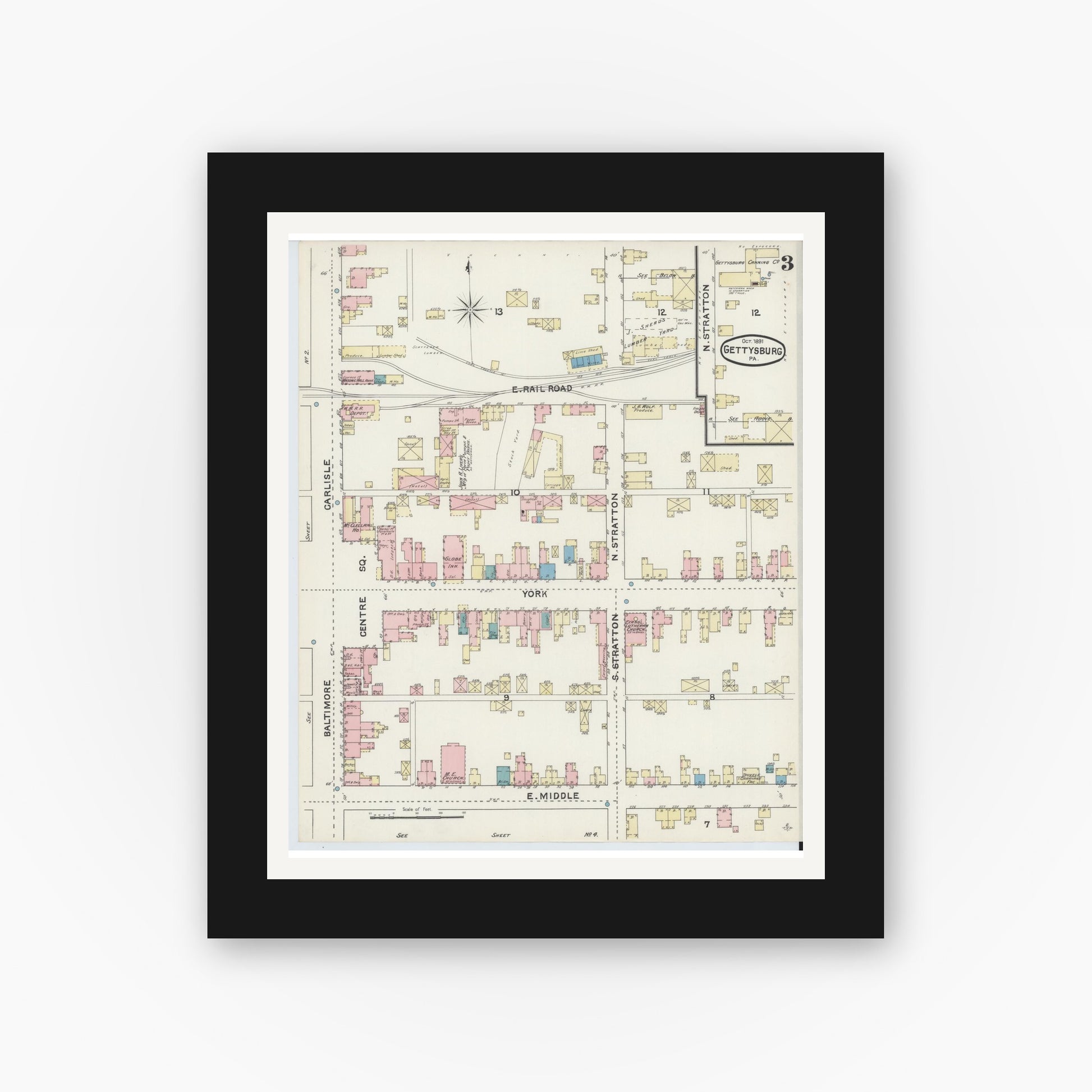 Old map wall art mockup — black gallery frame with white mat — Sanborn Fire Insurance Map from Gettysburg, Adams County, Pennsylvania (1891), Sheet #0003